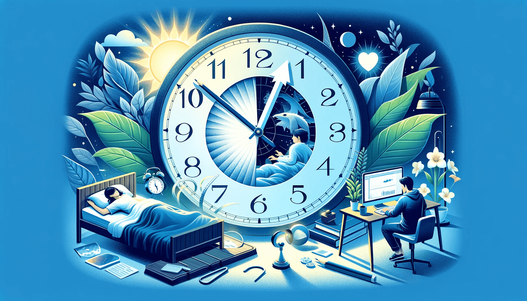 Digitális illusztráció a nyári időváltozás hatásairól az egészségre, alvásra és a termelékenységre, központi órával és különböző napszakokat ábrázoló jelenetekkel
