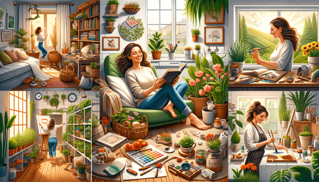 Boldog nő olvas, kertészkedik, fest és főz otthonában, megteremtve a személyes oázisát az "Otthoni Kikapcsolódás" témában.